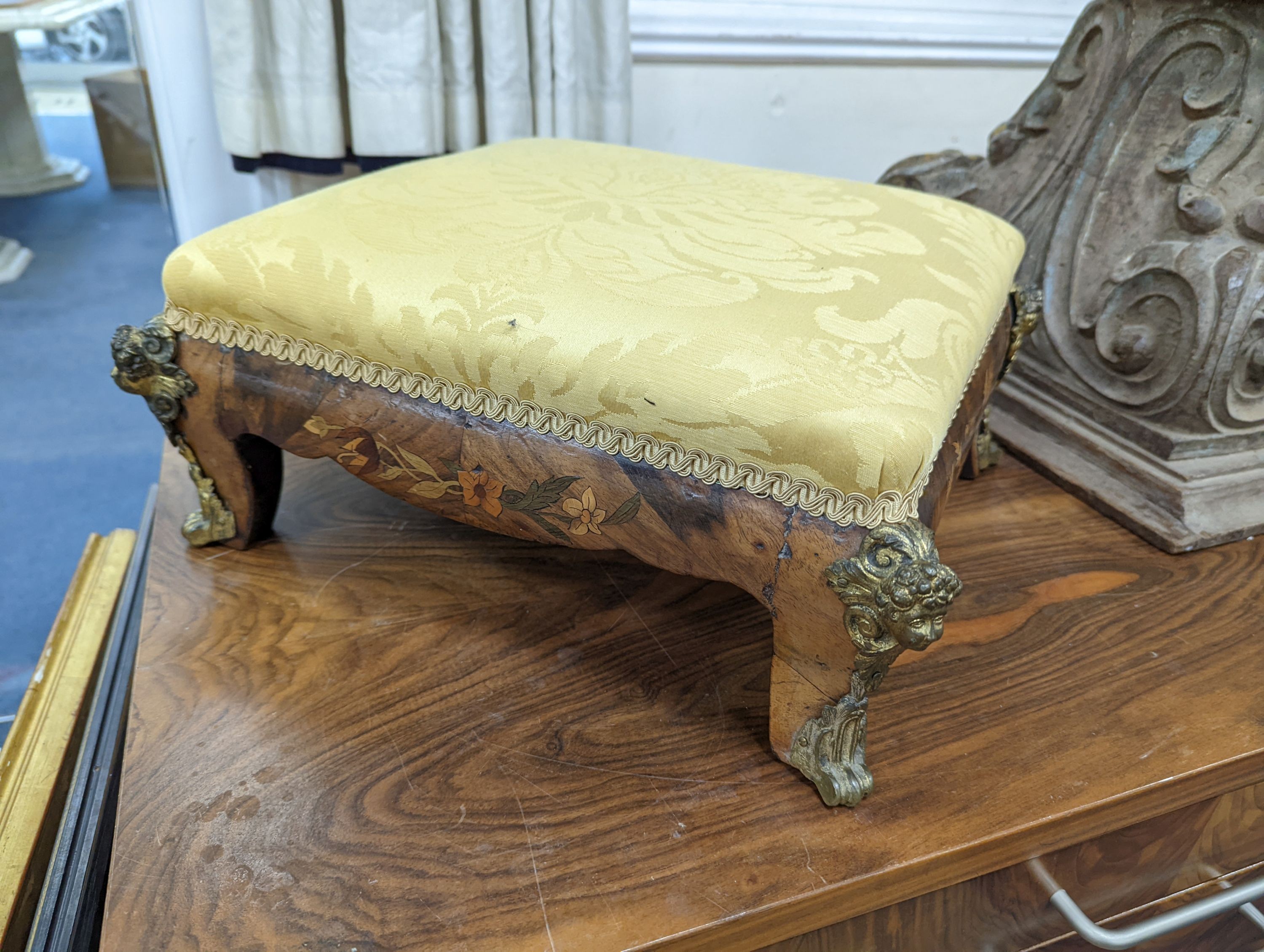 A 19th century gilt metal mounted marquetry inlaid rectangular walnut footstool, width 38cm, depth 35cm, height 17cm